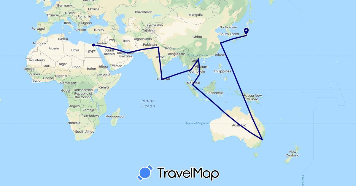 TravelMap itinerary: driving in United Arab Emirates, Australia, China, Egypt, Indonesia, India, Japan, Sri Lanka, Malaysia, Thailand, Vietnam (Africa, Asia, Oceania)